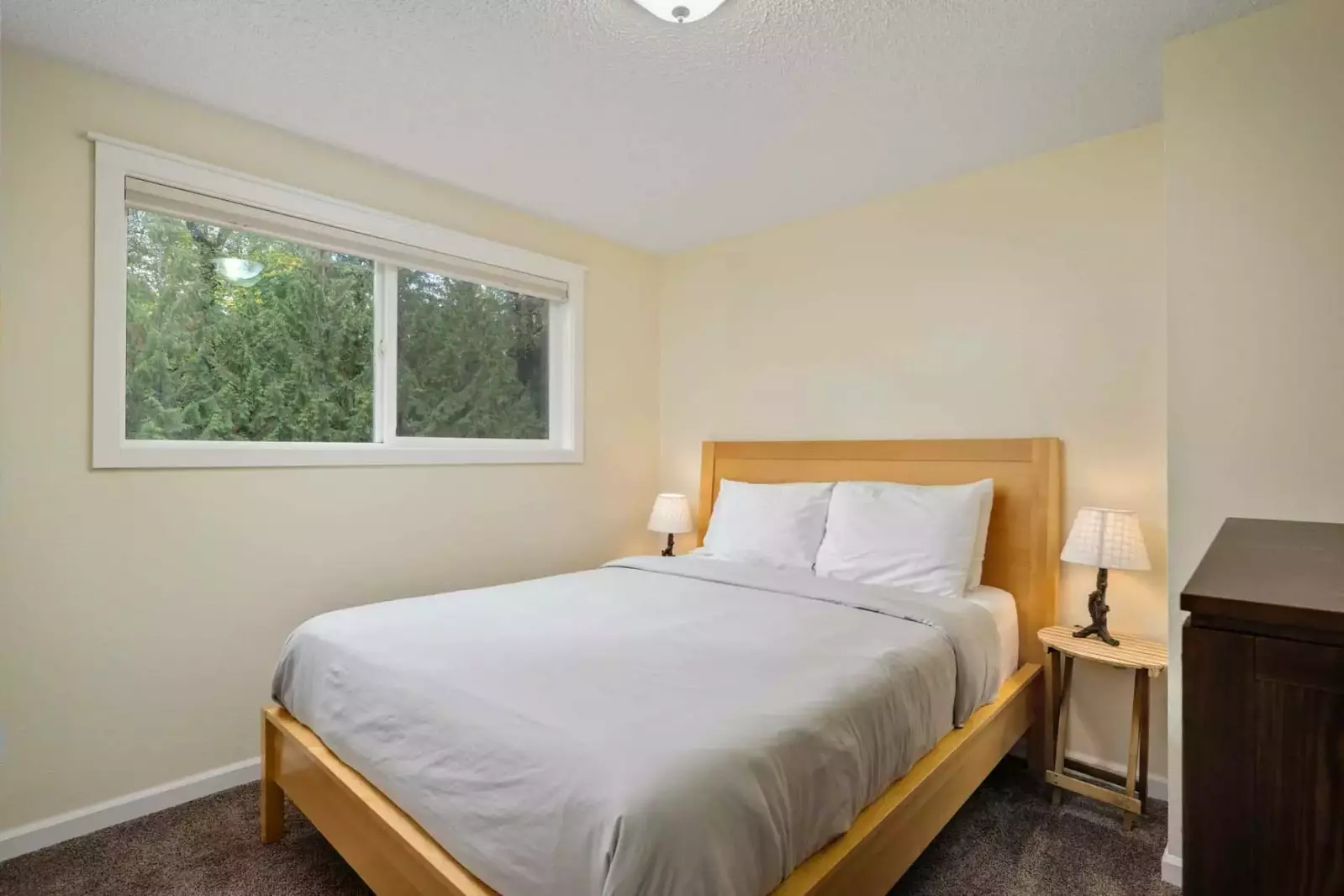 The queen bed is comfortable and peaceful.