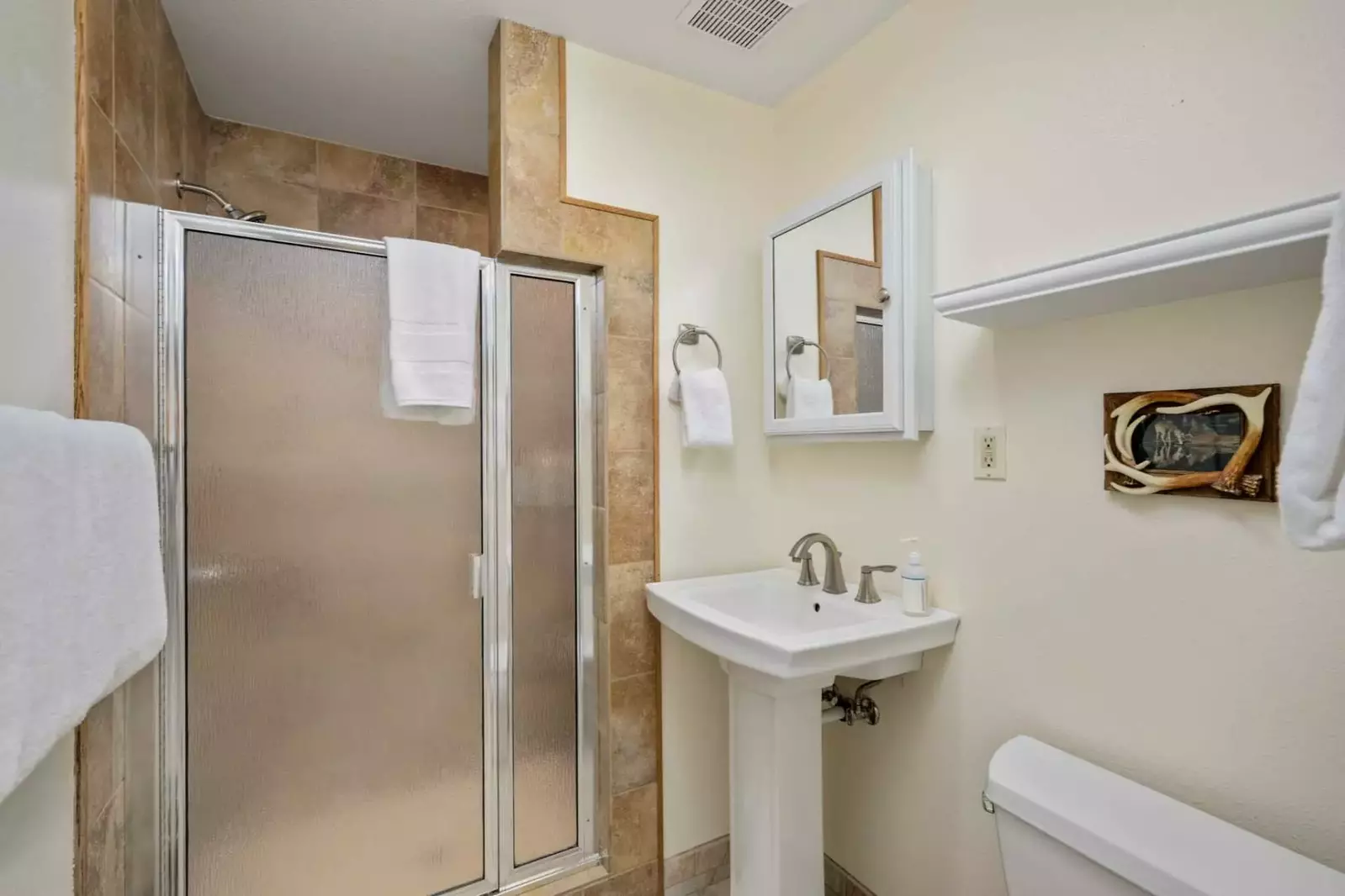 Another bathroom featuring a shower with robust water pressure.
