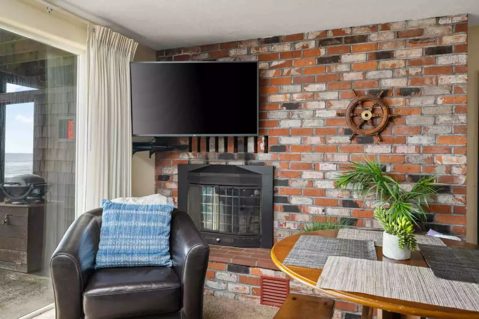 Watch you favorite movies, shows, and sports on this smart tv while relaxing in front of a cozy fire.