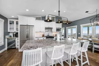 The kitchen has extensive counter space.