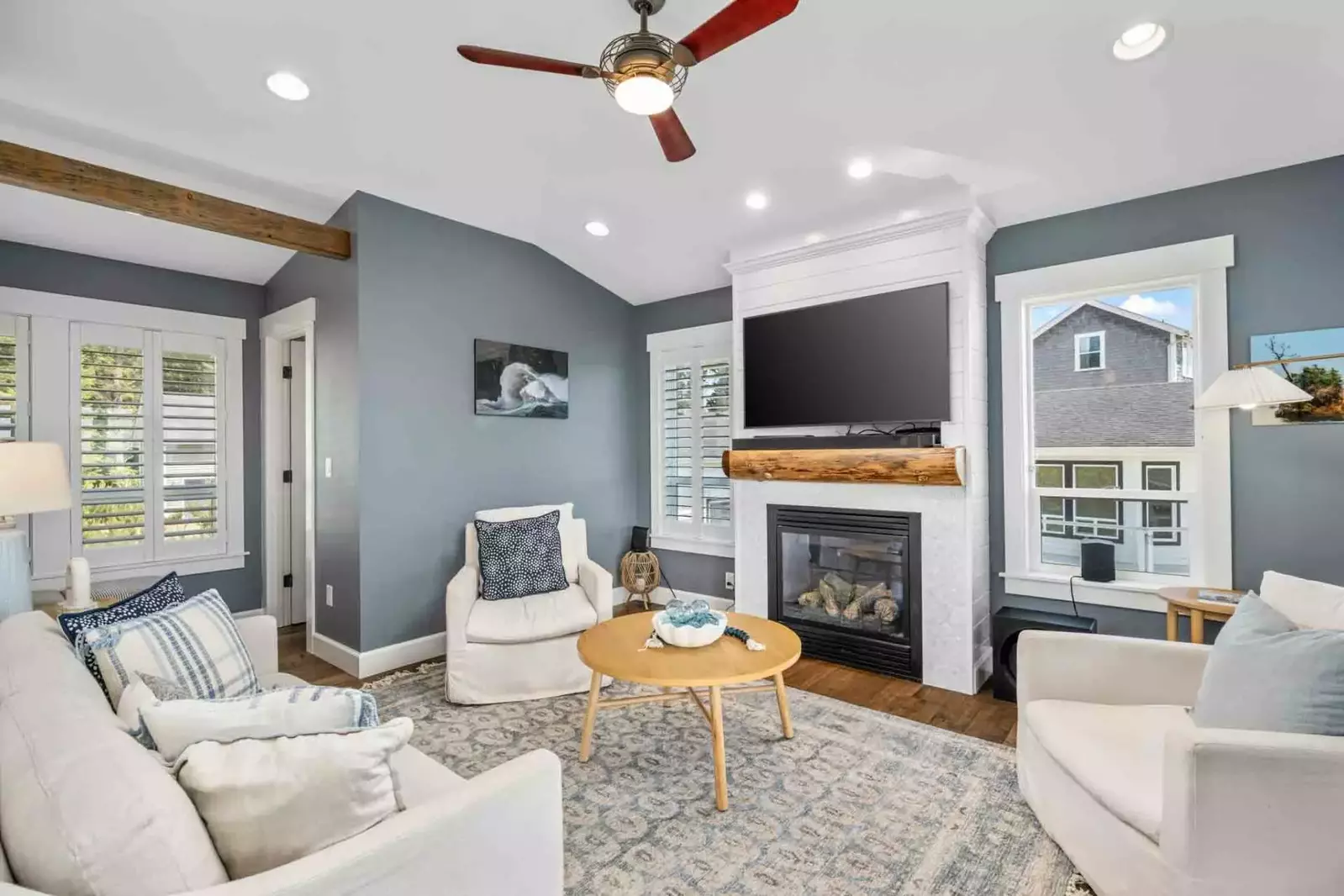 Watch you favorite movies, shows, and sports on this smart tv while relaxing in front of a cozy fire.