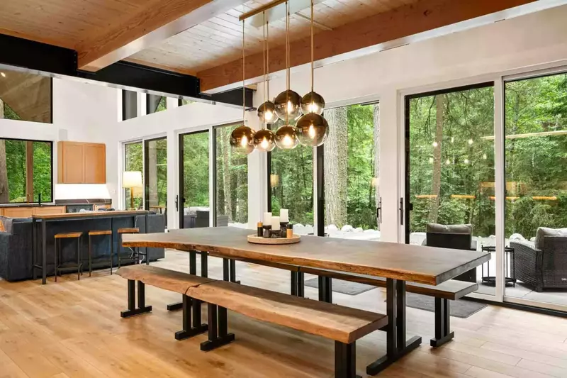 The dining room is near windows and excellent views.