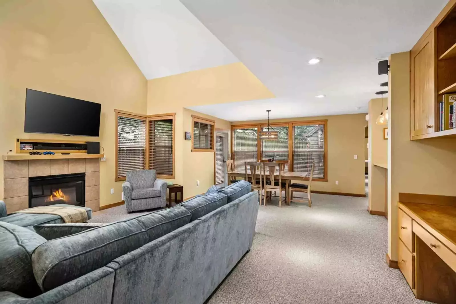 Watch you favorite movies, shows, and sports on this smart tv while relaxing in front of a cozy fire.