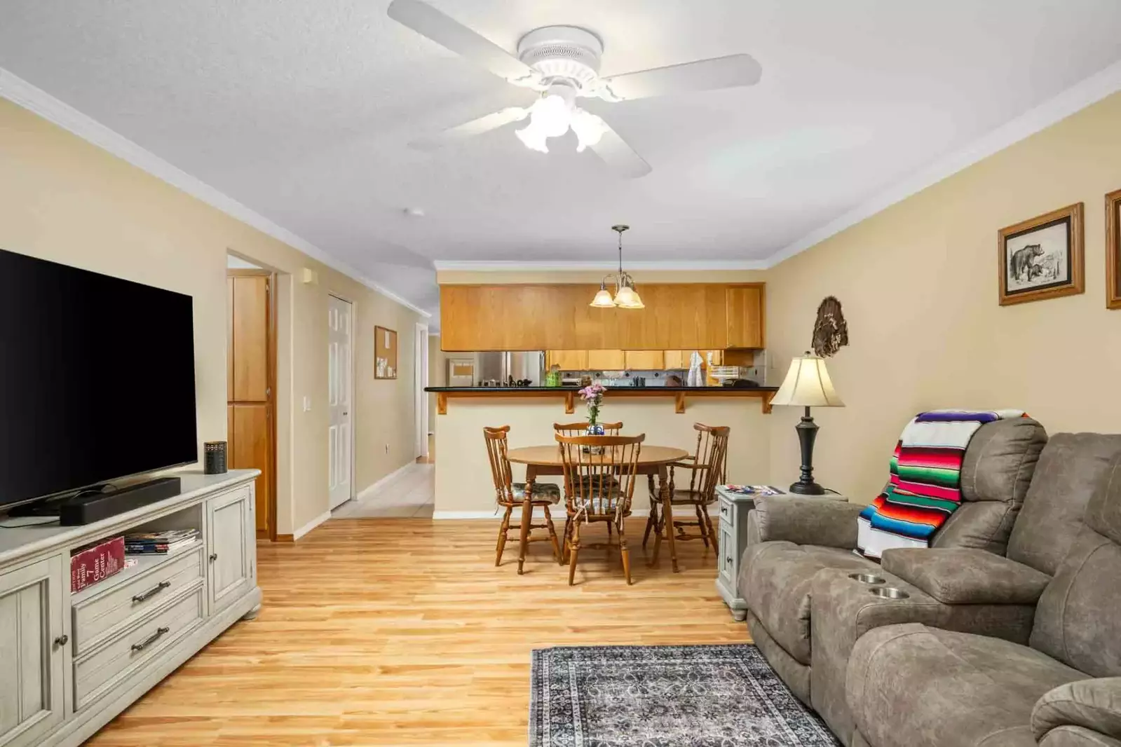 Watch you favorite movies, shows, and sports on this smart tv while relaxing in these cozy chairs.