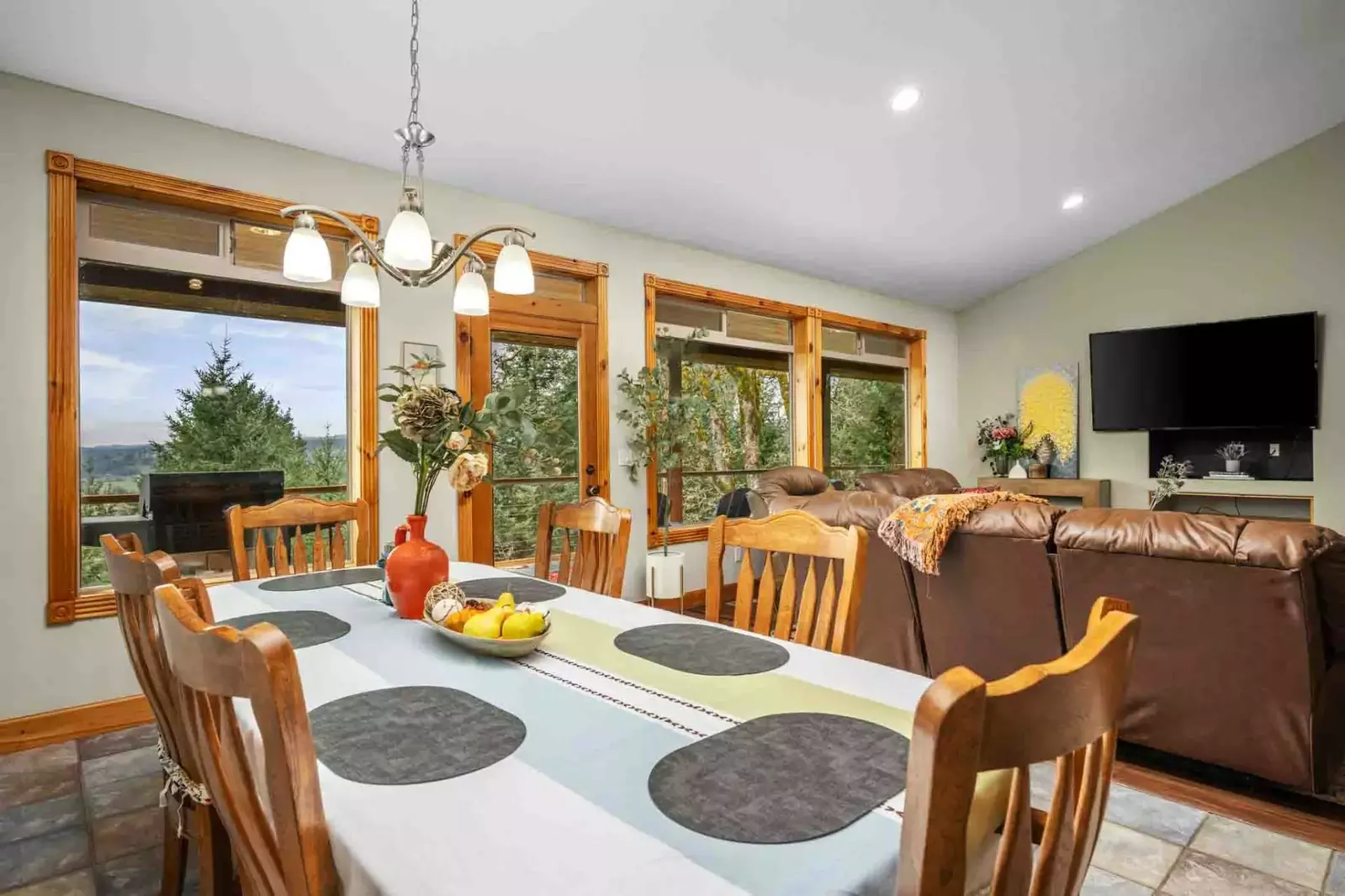 The dining room is near windows and excellent views.