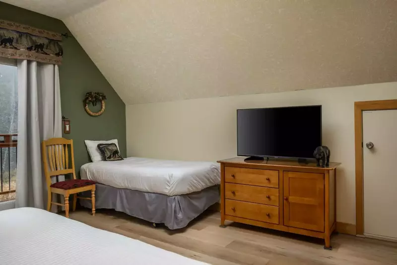 Twin bed in primary along with TV.