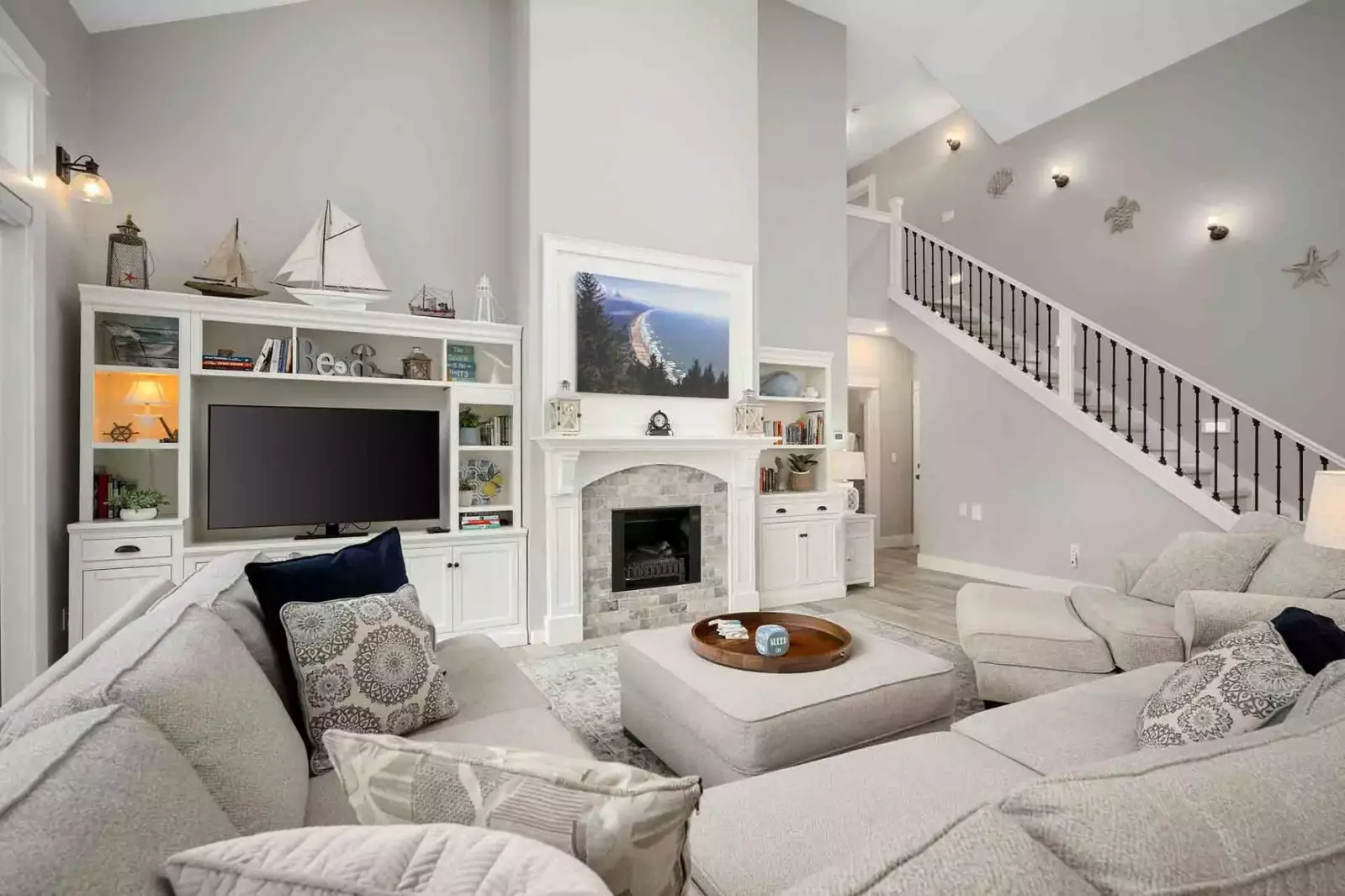 Relax in the living room in front of a cozy fire.