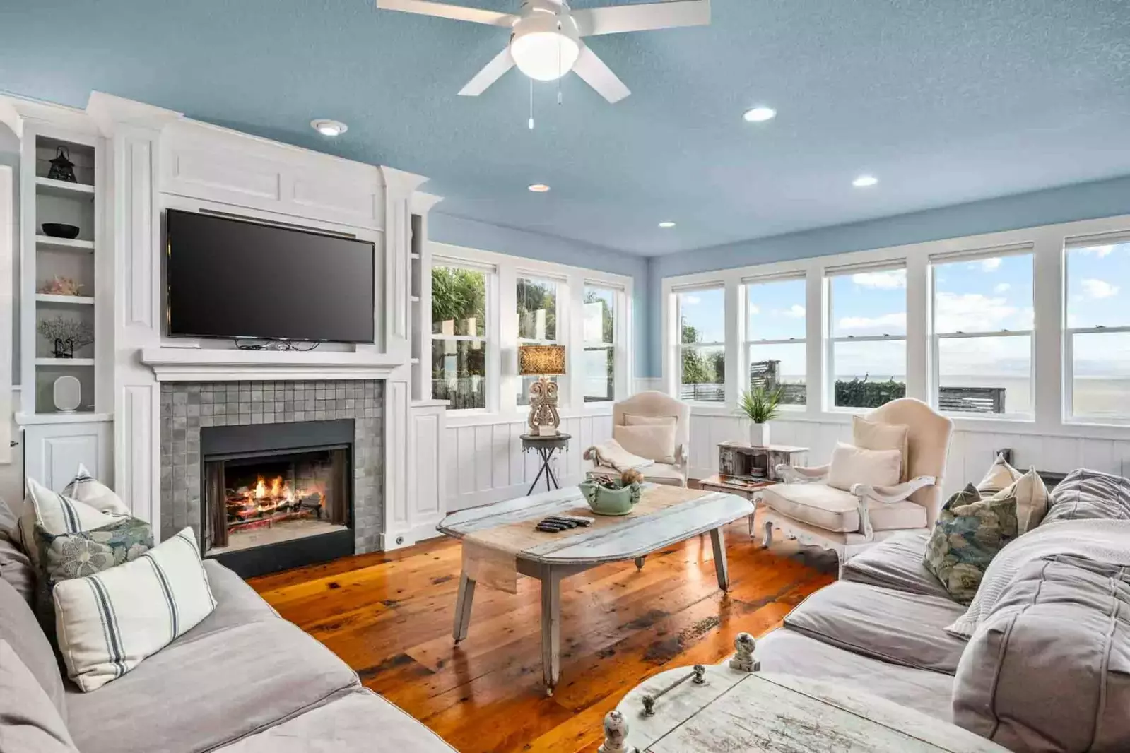 Watch you favorite movies, shows, and sports on this smart tv while relaxing in front of a cozy fire.