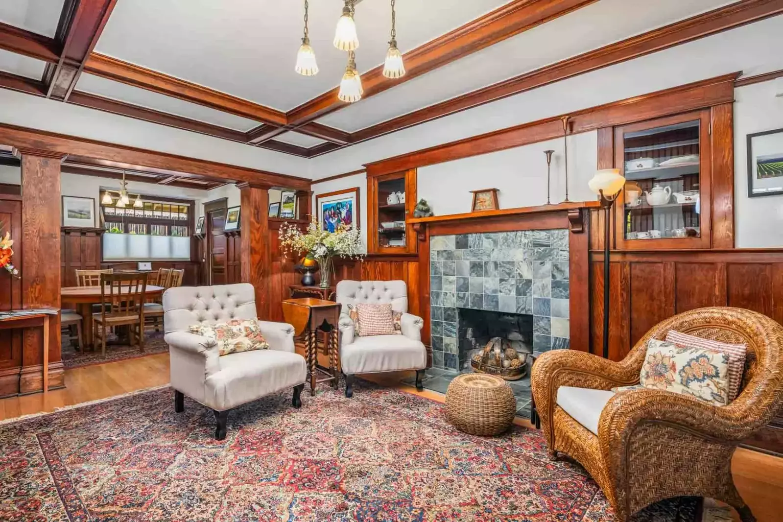 Relax in the living room around a cozy fire.