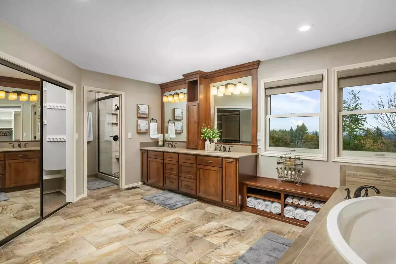 This bathroom is spacious and luxurious,