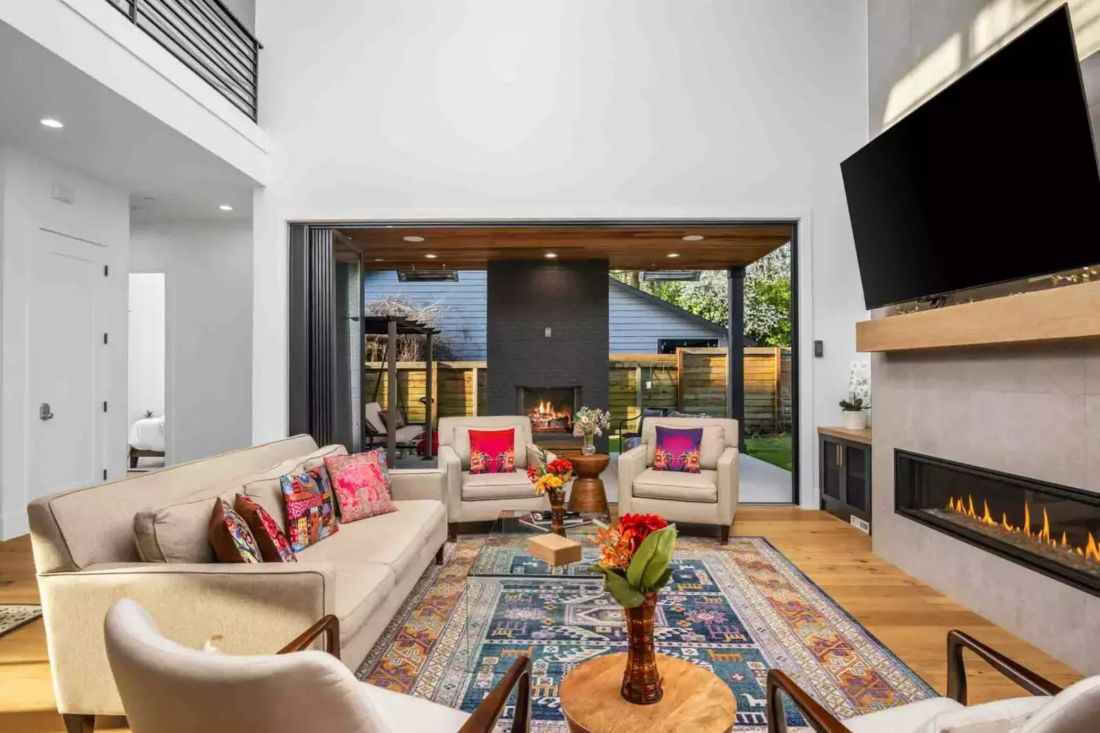 Watch you favorite movies, shows, and sports on this smart tv while relaxing in front of a cozy fire.