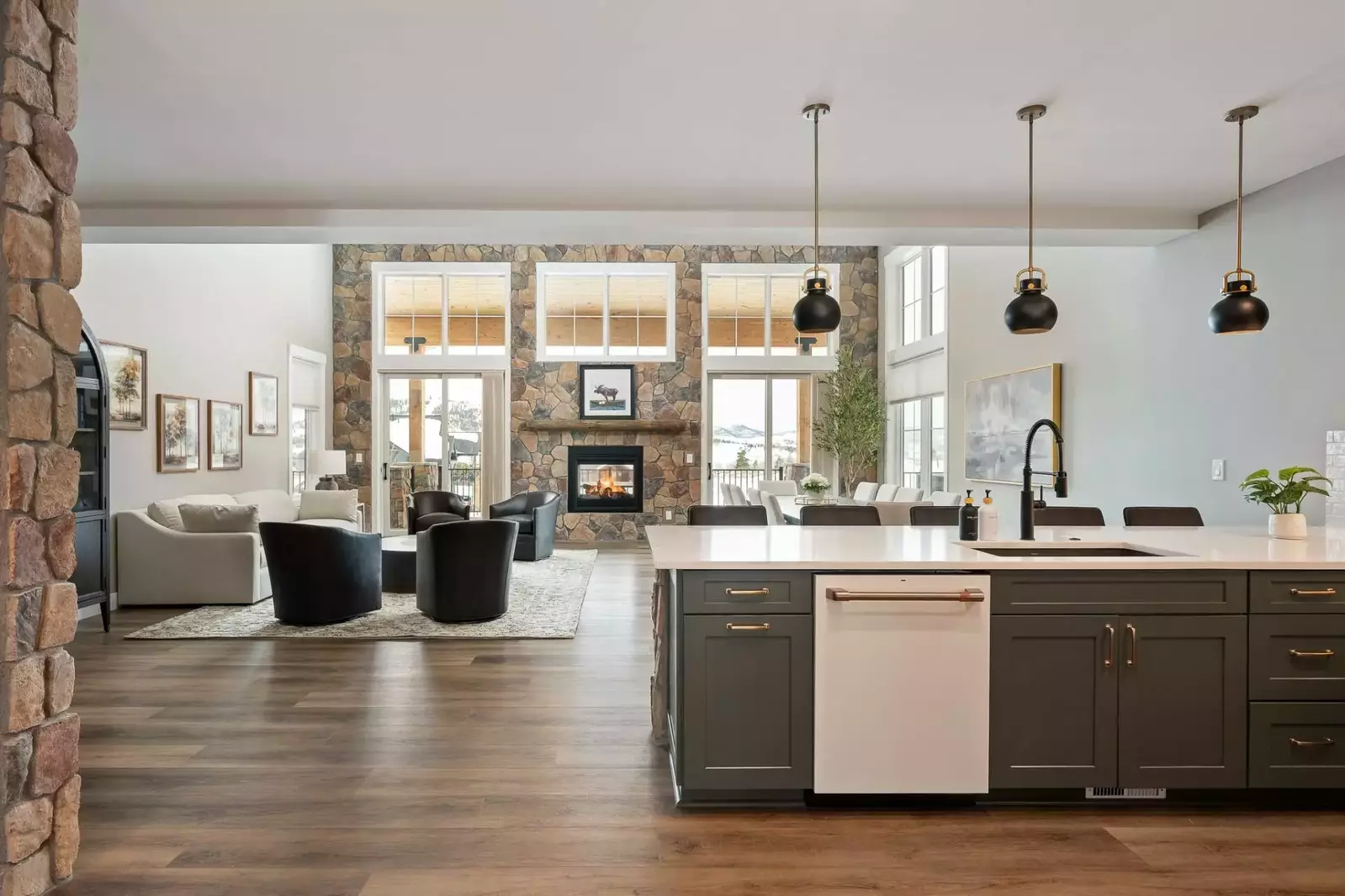 The spacious open living and dining room is an excellent place to relax after a day of skiing and snowboarding.