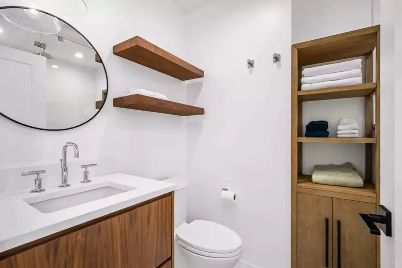 The bathroom is recently updated and ornately decorated.