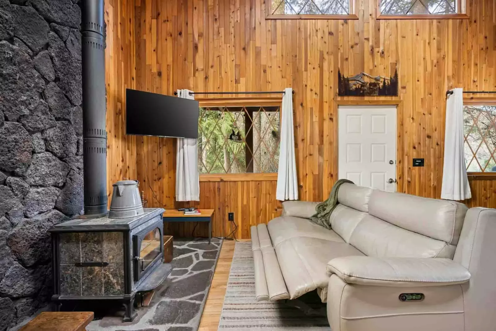 The couch is a special reclining couch. It's an excellent place to relax after a day exploring Mount Hood.