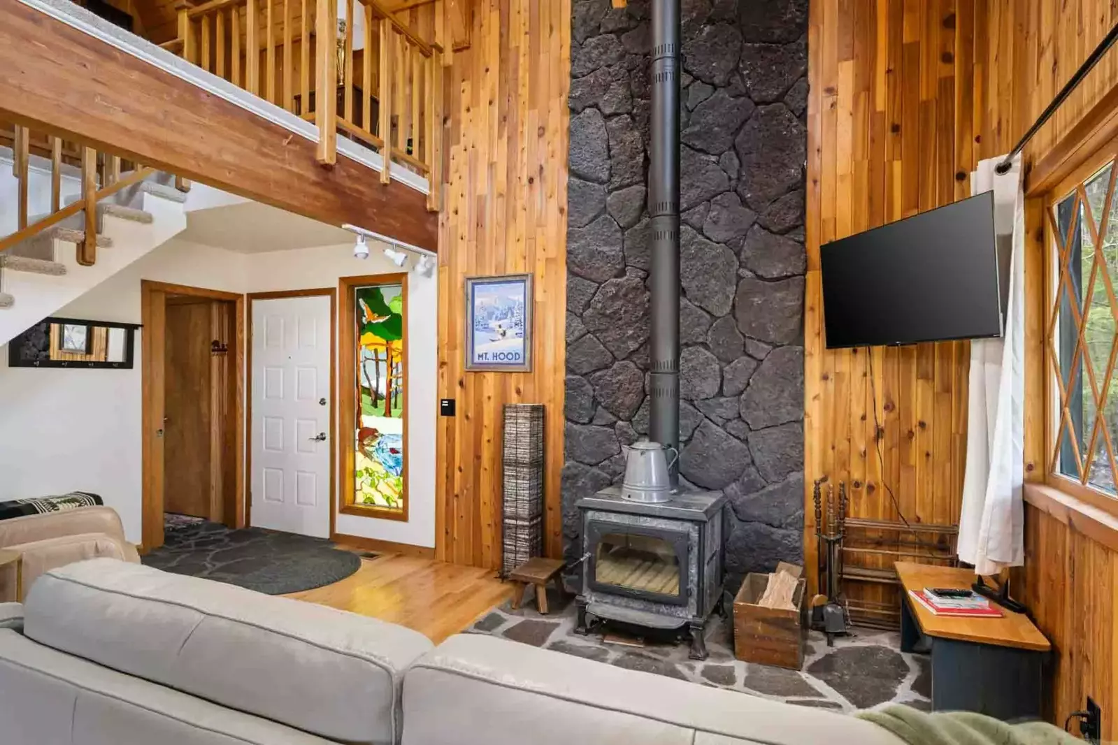 Watch you favorite movies, shows, and sports on this smart tv while relaxing in front of a cozy fire.