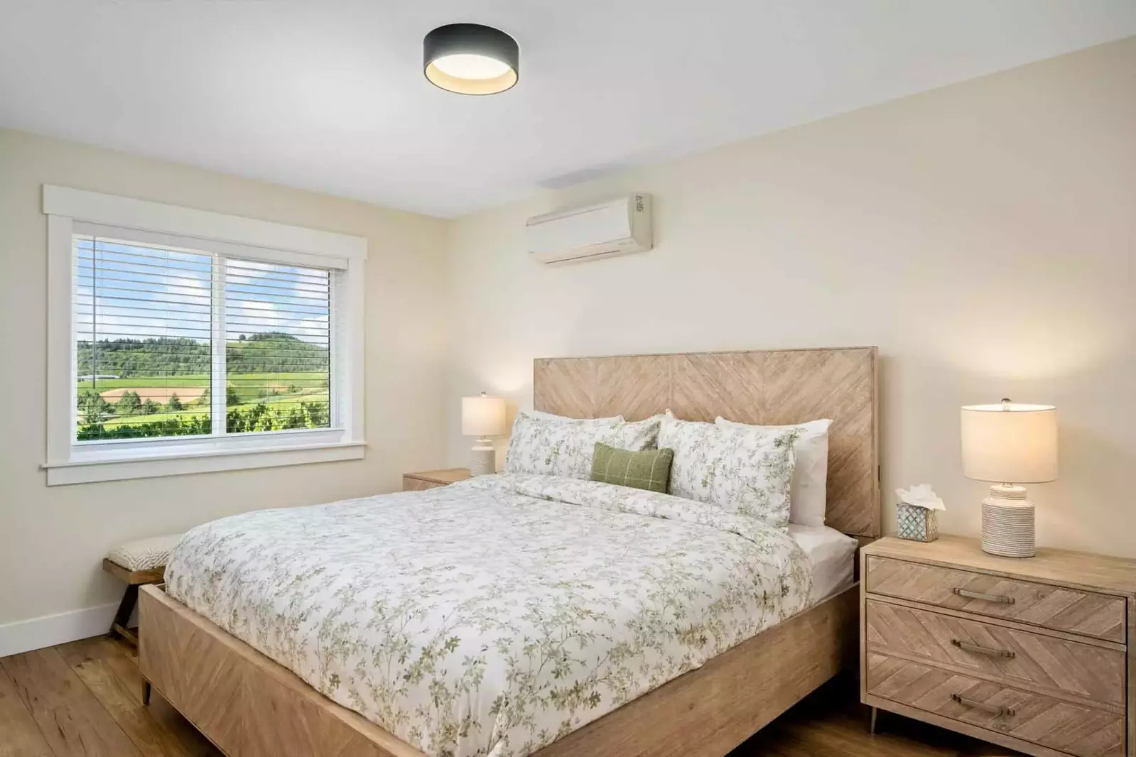 Primary bedroom with king bed includes individually controlled AC & Heat and Smart TV along with an en suite bathroom