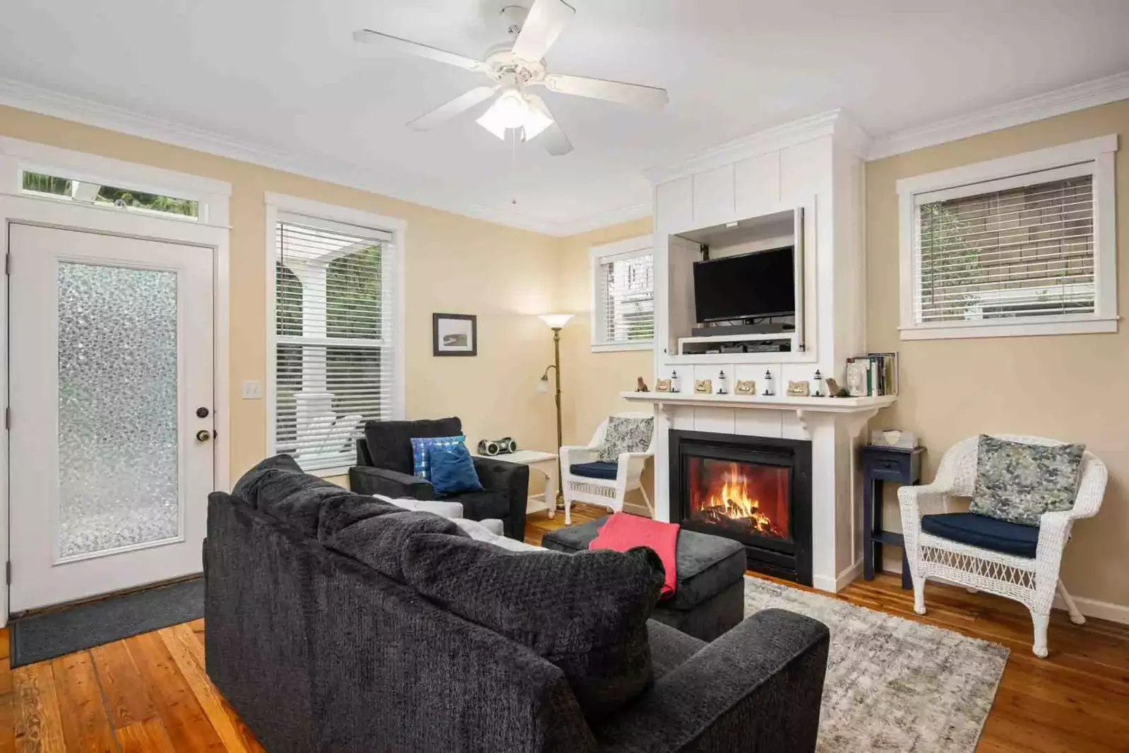 Watch you favorite movies, shows, and sports on this smart tv while relaxing in front of a cozy fire.