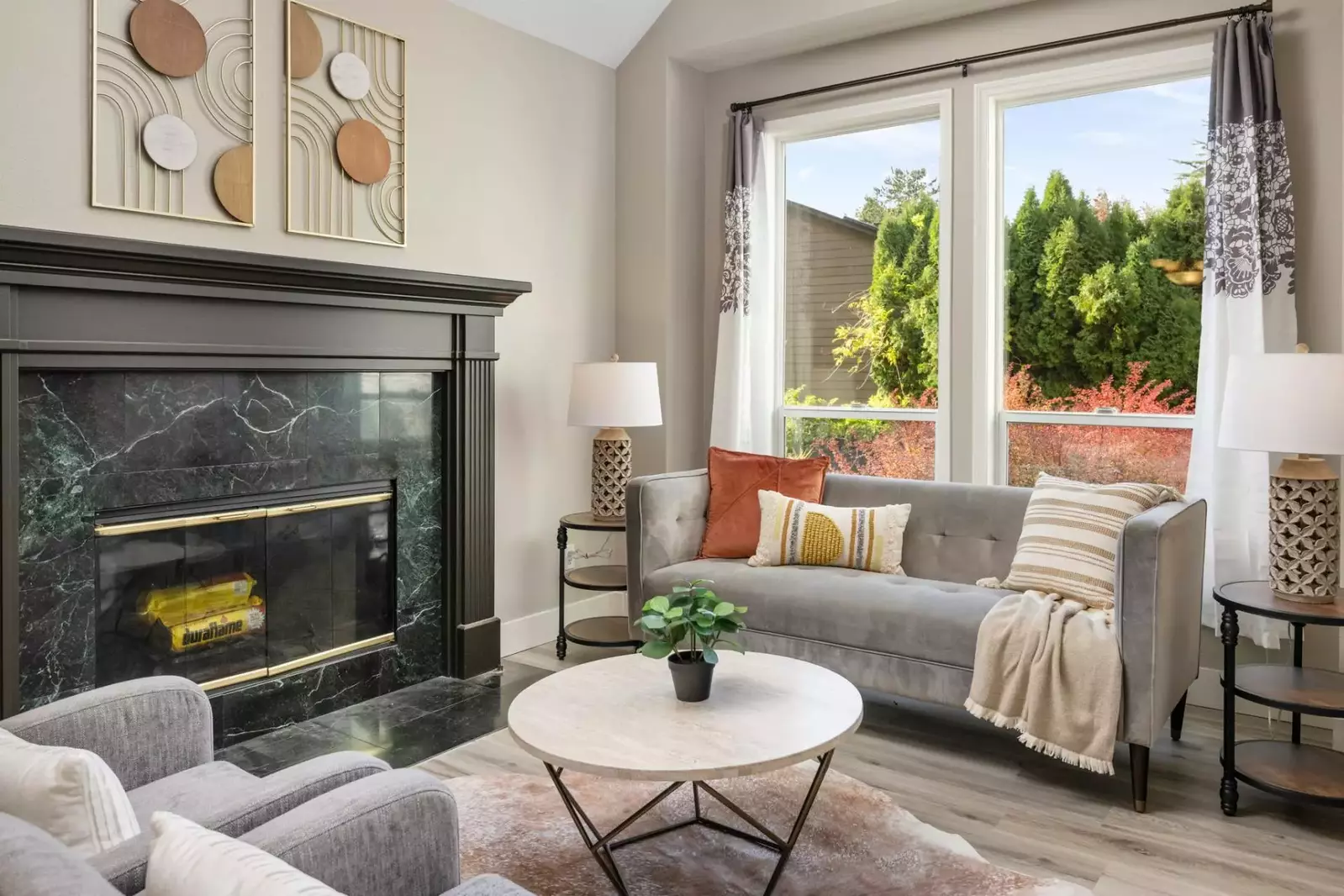 Relax in the living room in front of a cozy fire.