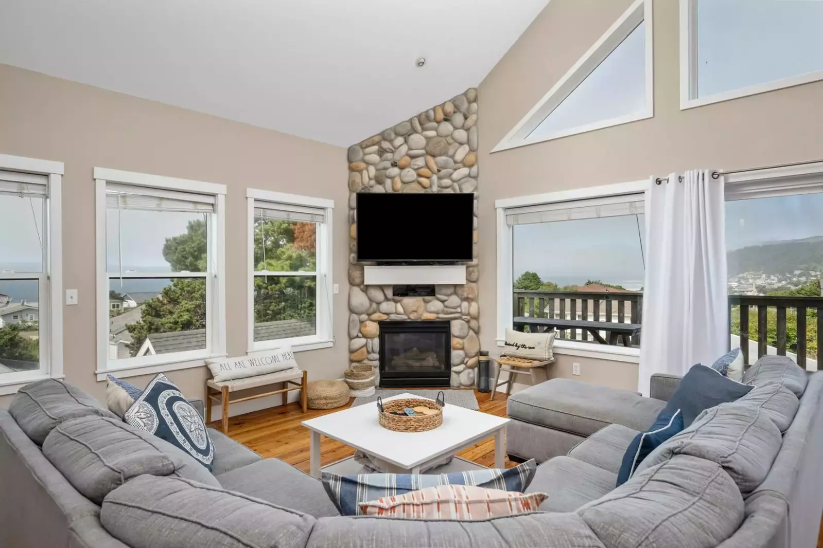 Bright, airy space with enormous windows that let in sunshine and allow views of the ocean.