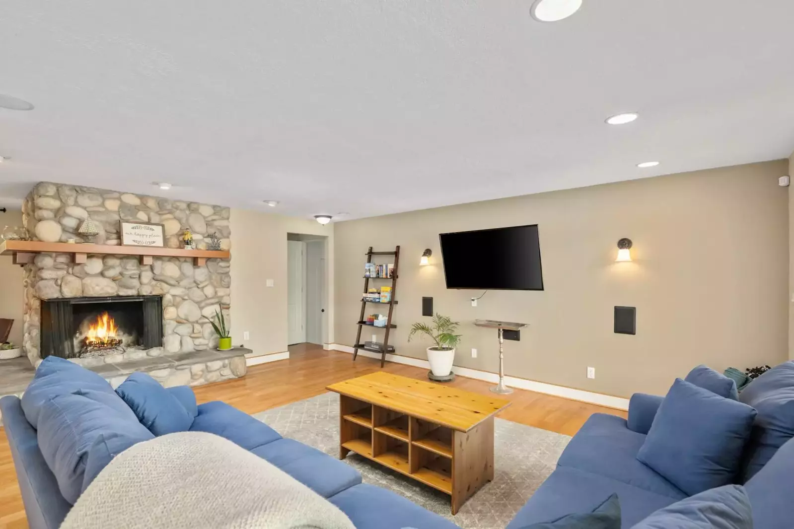 Watch you favorite movies, shows, and sports on this smart tv while relaxing in front of a cozy fire.