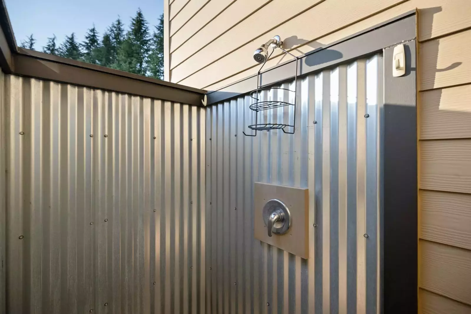 An outdoor shower to wash off in after a fun day in the country.