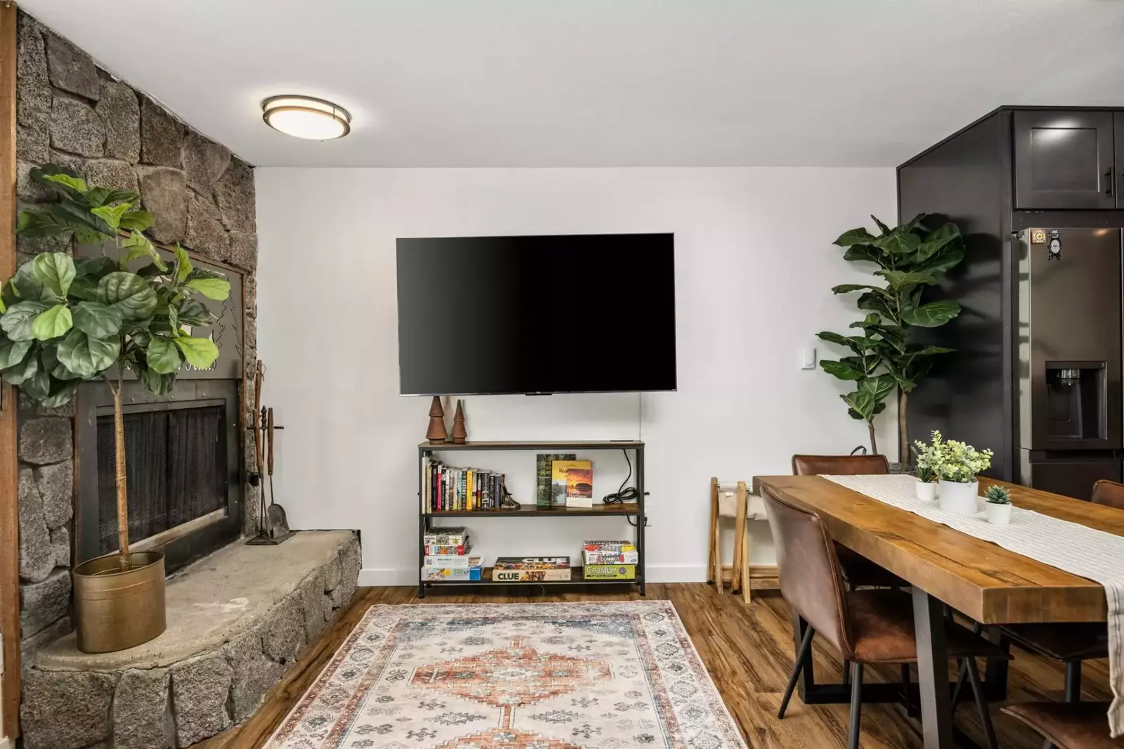 Relax in front of a cozy fire after a day on the slopes.