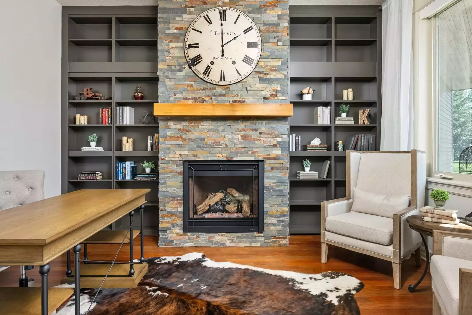 Stay warm with the indoor fireplace.