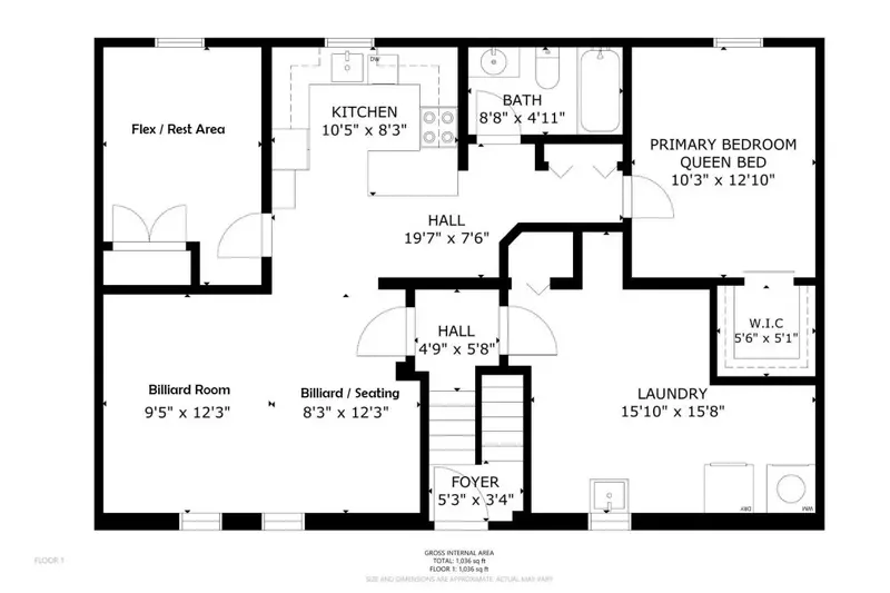A detailed floor plan of the lower unit of the rental.