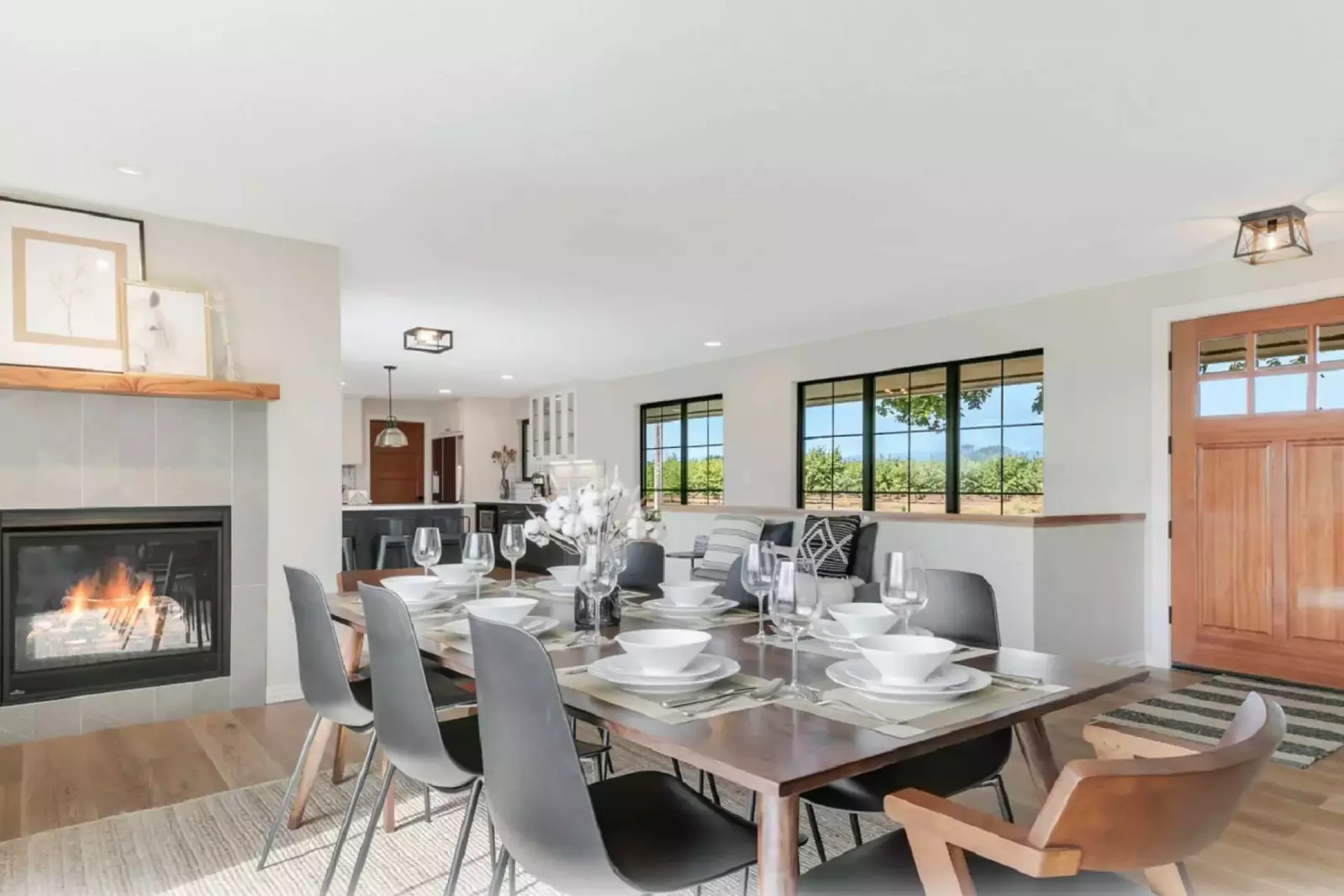 Enjoy a delicious meal while staying cozy near the fireplace.