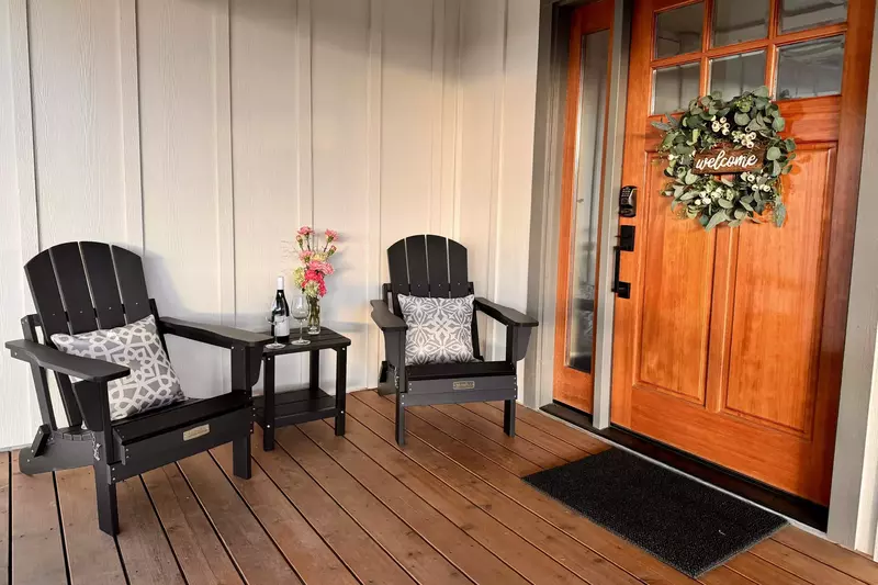 Take in the views of the hazelnut orchard from the front door patio.