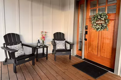 Take in the views of the hazelnut orchard from the front door patio.