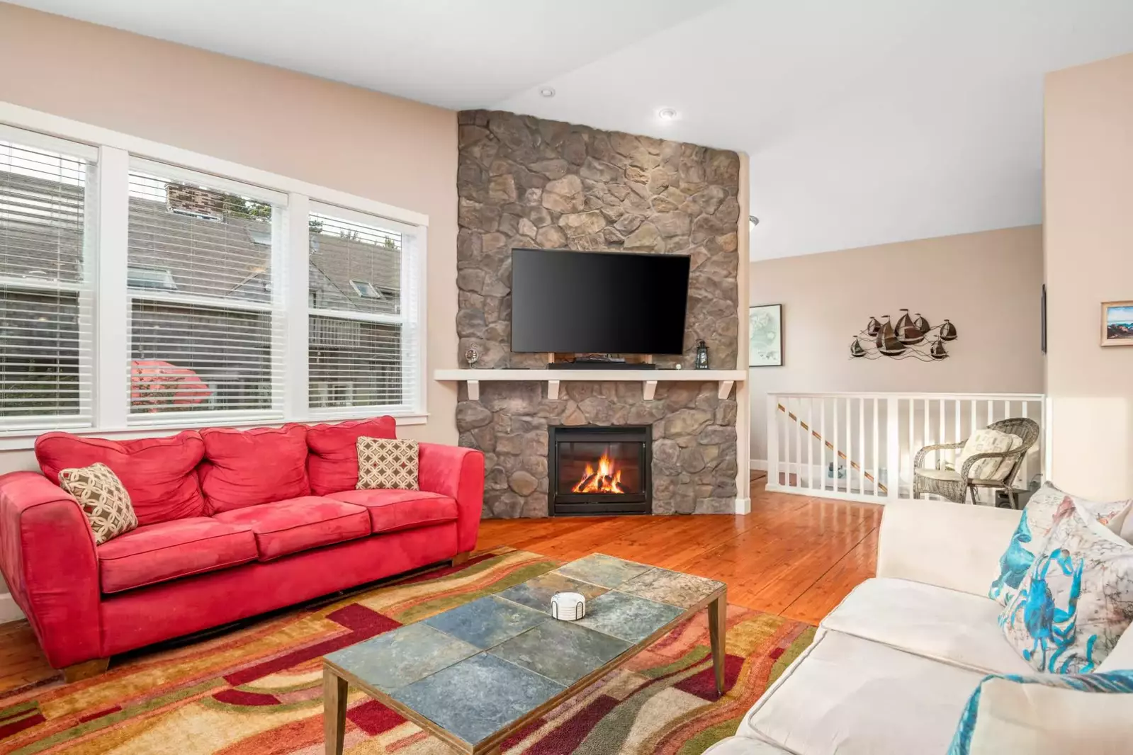 Watch you favorite movies, shows, and sports on this smart tv while relaxing in front of a cozy fire.