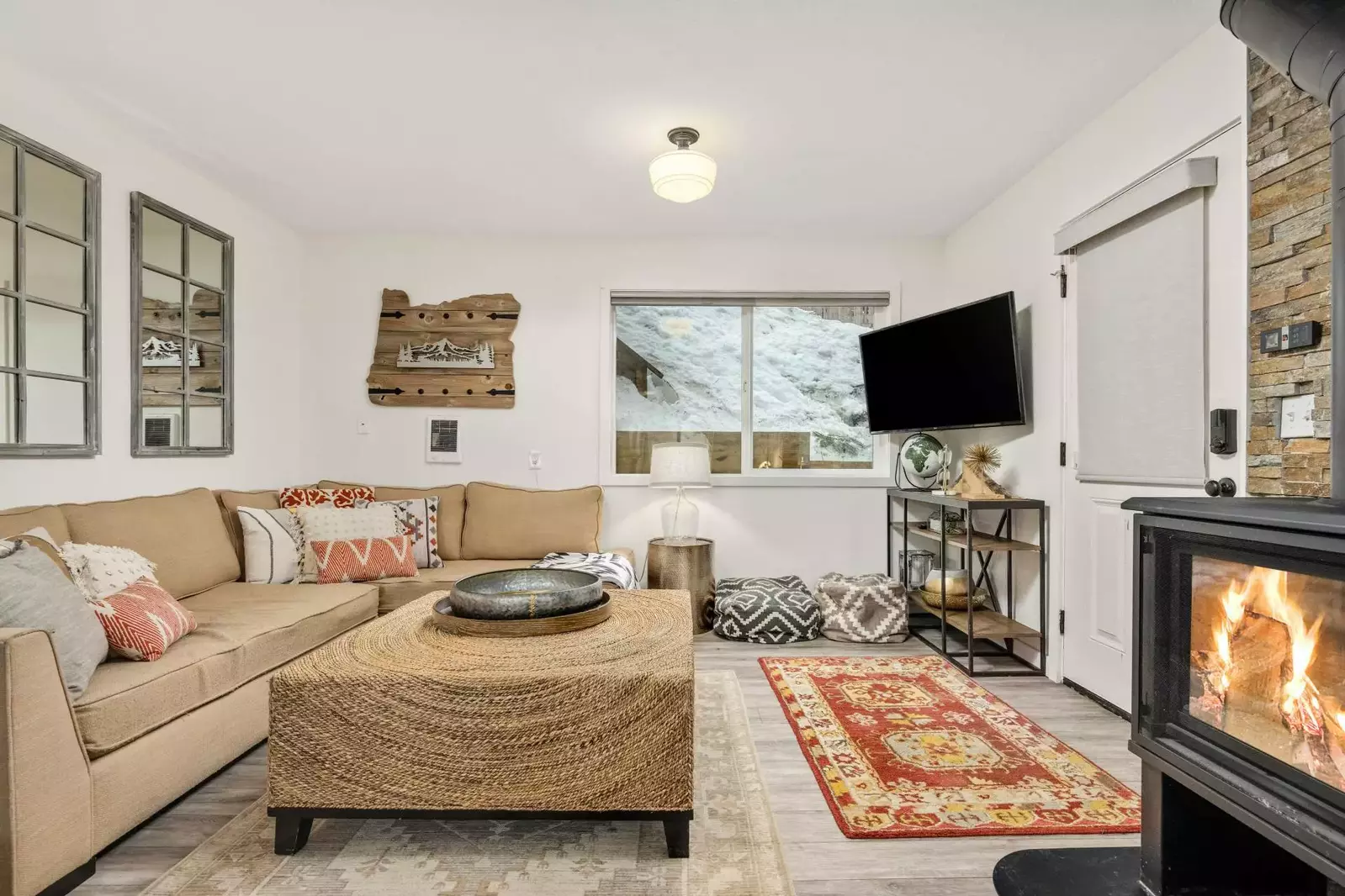 Watch you favorite movies, shows, and sports on this smart tv while relaxing in front of a cozy fire.