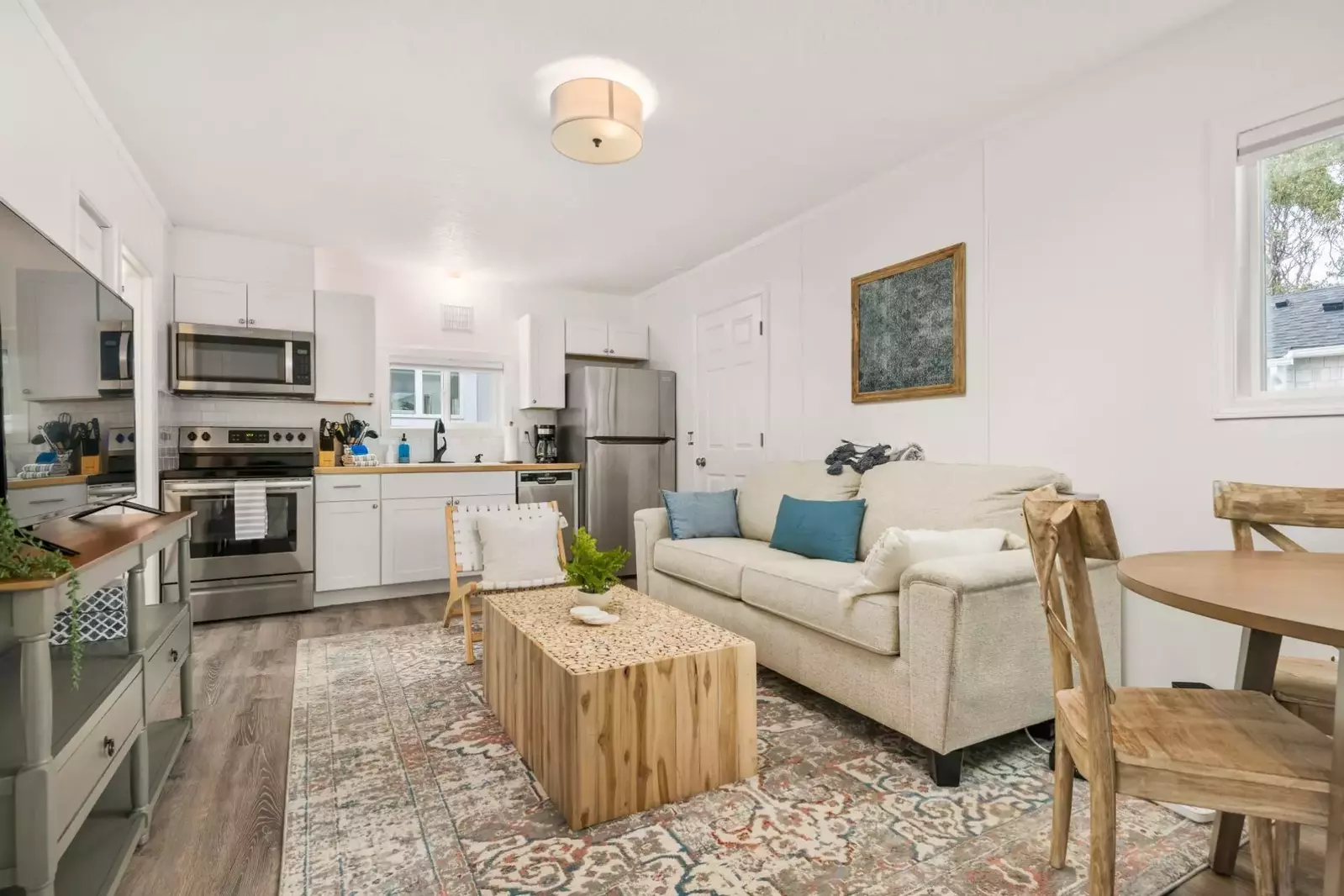 A full kitchen and comfy living room are part of this rental.