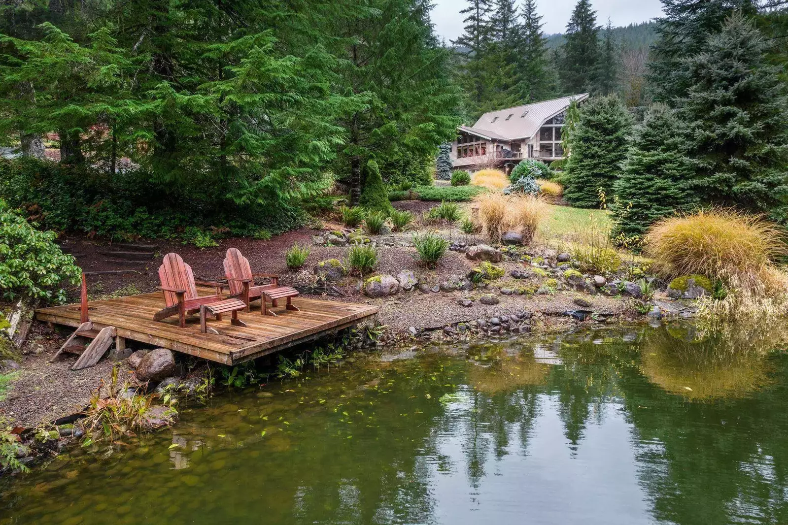 Relax at the serene mountain pond.