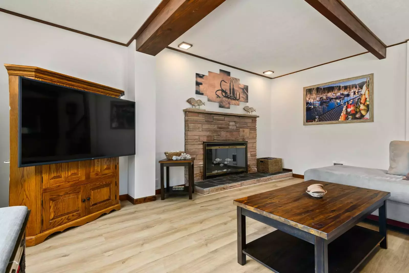 Watch you favorite movies, shows, and sports on this smart tv while relaxing in front of a cozy fire.