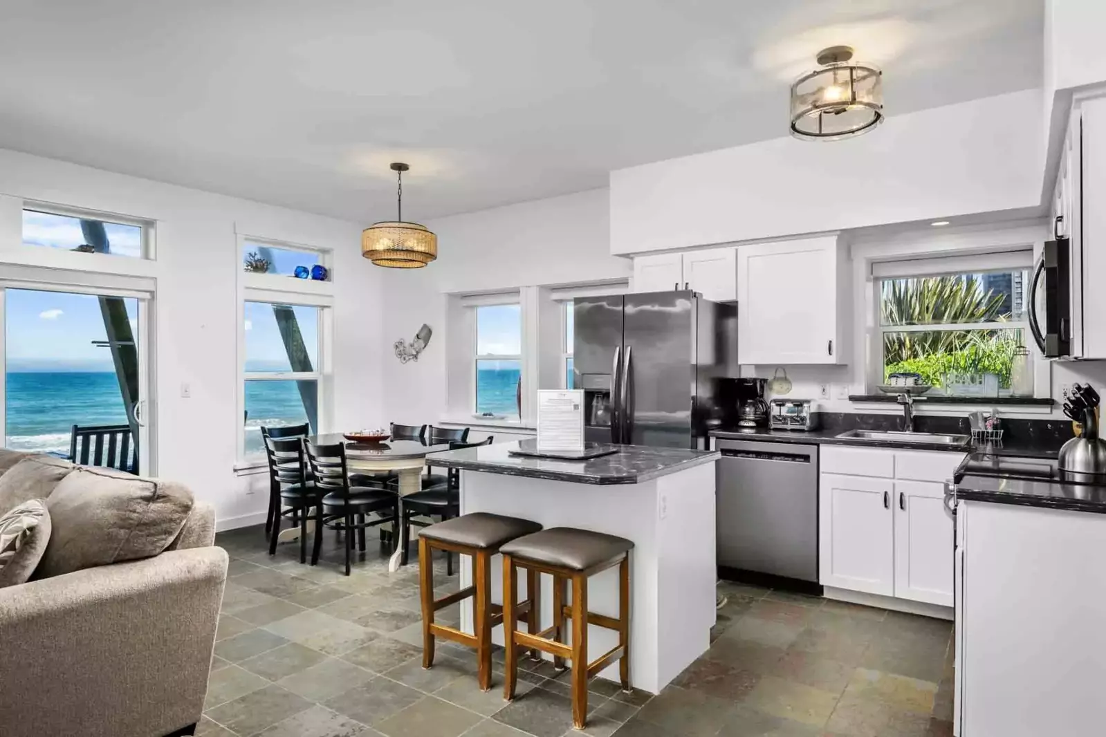 The kitchen is spacious and efficient. Perfect place to prepare a family meal or a quick treat. Grab some seafood and have fun!