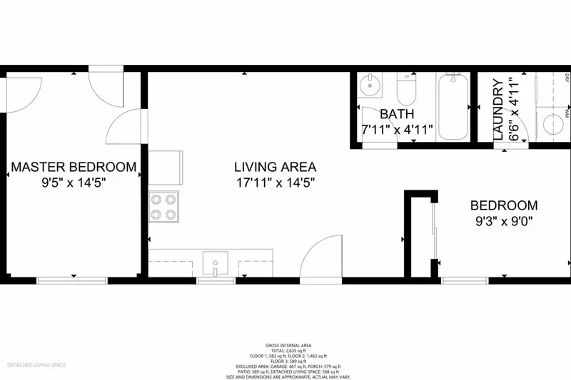 This is the layout for the detached portion of the home, which includes one open sleeping area and one official closed sleeping area.