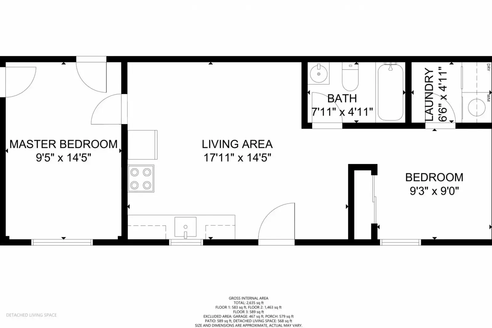 This is the layout for the detached portion of the home, which includes one open sleeping area and one official closed sleeping area.