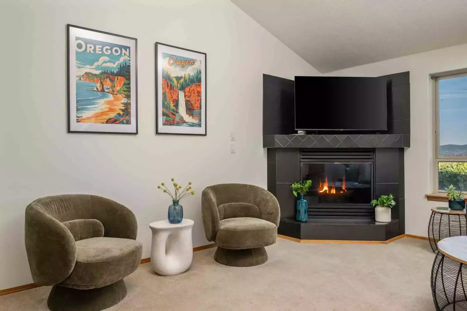 Watch you favorite movies, shows, and sports on this smart tv while relaxing in front of a cozy fire.