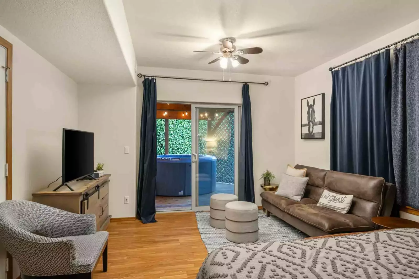 Step right out of the bedroom into the the hot tub.