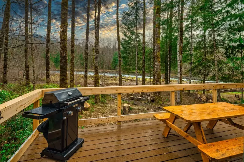 My husband and I loved having dinner on the deck and morning coffee right outside our bedroom, all while listening to the soothing sounds of the river