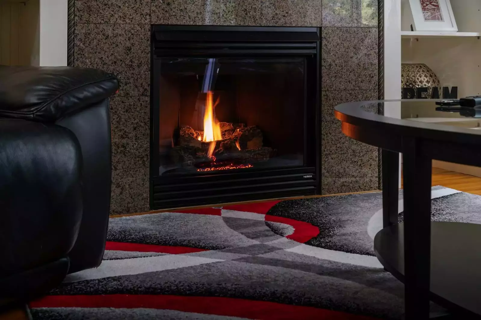 The gas fireplace is ready whenever you desire.