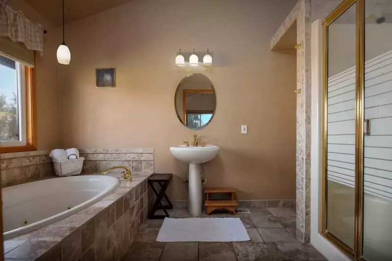 Master bathroom is spacious with a Jacuzzi and dual head shower.