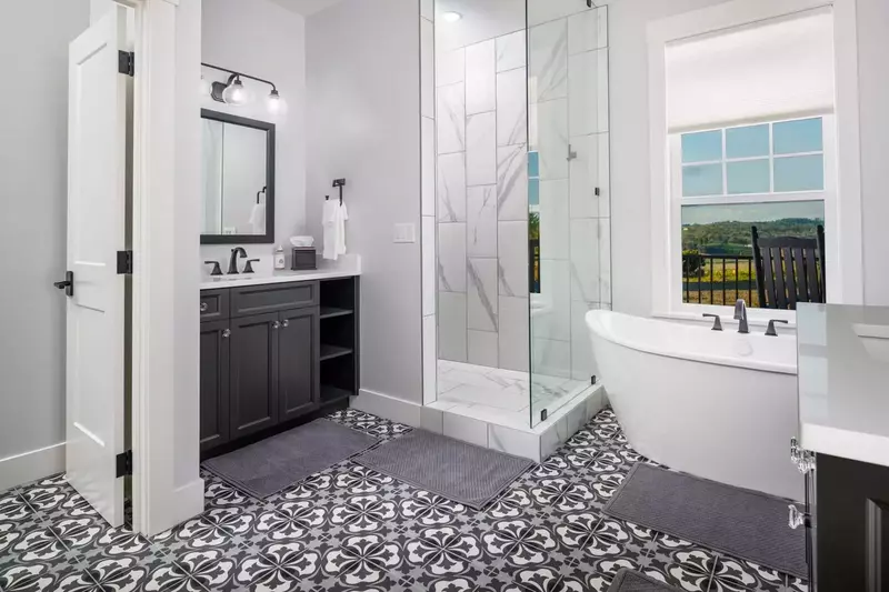 Clean and bright primary bathroom.