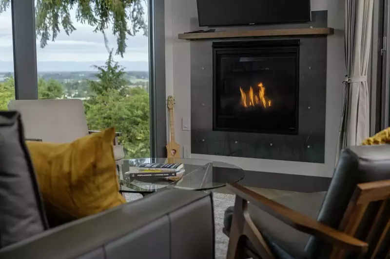 Enjoy the views inside and out with a warm fireplace overlooking the Willamette Valley.