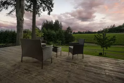 Patio overlooking Sokol Blosser is picturesque any time of year.