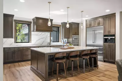 The kitchen has ample counter space and up to date appliances.