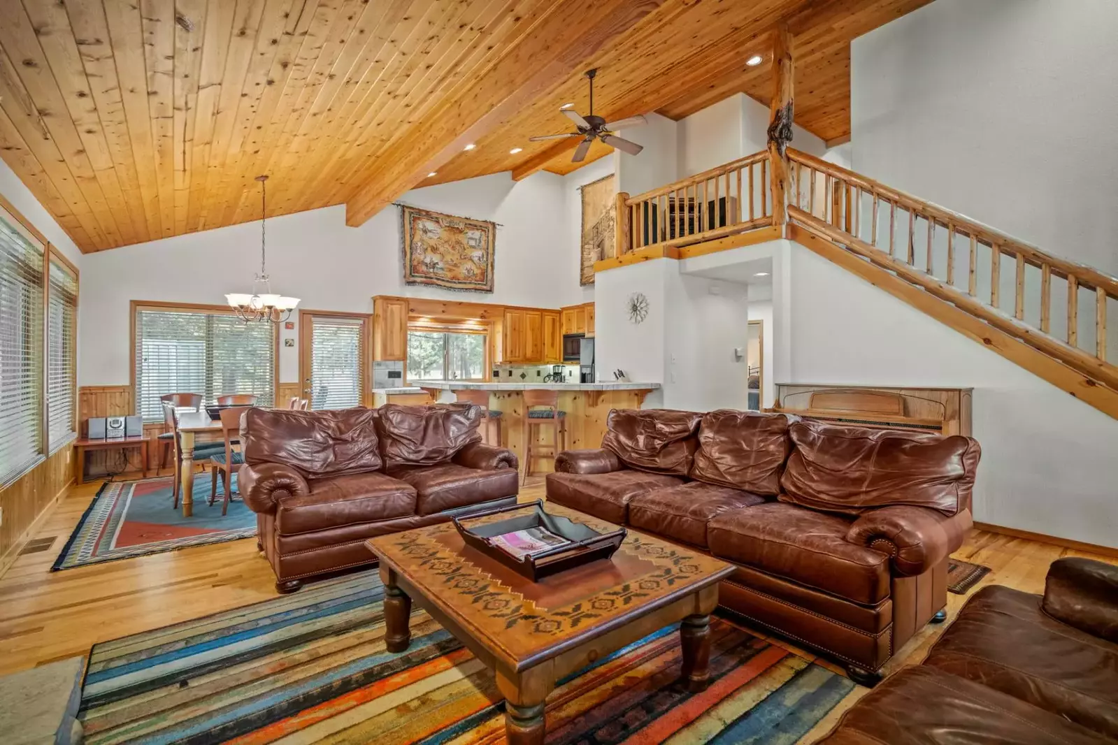 Rustic interiors and large living space.