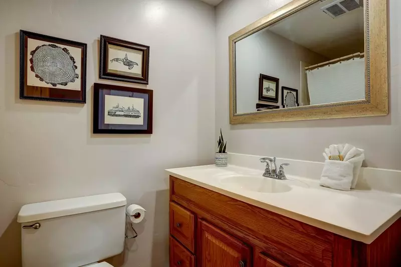Guest bath features a shower/tub combo.